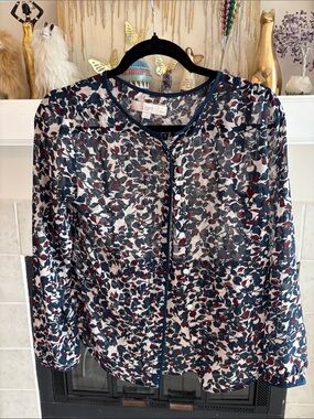 LOFT Navy, Burgundy & White Sheer Floral Button Blouse